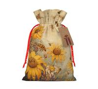 Rural Honey Bees Flowers Printed Christmas Drawstring Gift Bags-Xmas Wrapping Bags,Candy Bag,For Holiday Party Decorations,Wedding Party Supplies S Red Christmas Ribbon