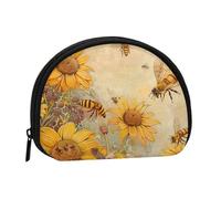 Rural Honey Bees Flowers Printed Coin Purse Wallet, Shell Shape Mini Change Pouch Holder for Men Women