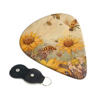 Rural Honey Bees flowers Printed Guitar Picks, 6 Pack with Leather Keychain Pick Holder - 0.46mm, 0.71mm, 0.96mm Assorted Thickness for Acoustic Ukulele, Electric Guitar, Acoustic Guitar, Bass
