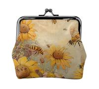 Rural Honey Bees Flowers Printed Kiss-lock Coin Purse Wallet - Leather Mini Change Pouch Holder for Men Women