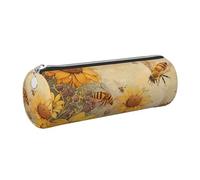 Rural Honey Bees Flowers Printed Leather Pencil Case Cute Stationery Organizer Round Makeup Bag Pen Pouch, Silver Zipper