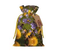 Rural Honey Bees Wildflowers Print Christmas Gift Bag, Drawstring Christmas Bags Reusable Gift Bags With Name Tags
