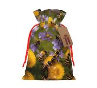 Rural Honey Bees Wildflowers Print Christmas Gift Bag, Drawstring Christmas Bags Reusable Gift Bags With Name Tags