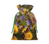 Rural Honey Bees Wildflowers Print Christmas Gift Bag, Drawstring Christmas Bags Reusable Gift Bags With Name Tags