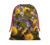 Rural Honey Bees Wildflowers Print Drawstring Gift Bag,Party Gift Bags,Reusable Christmas Drawstring Wrapping Bags