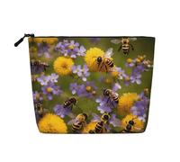 Rural Honey Bees Wildflowers Print Fake Hemp Makeup Bag,Makeup Bag,Travel Bag Pouch,Toiletry Bag with Zipper