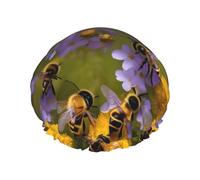 Rural Honey Bees Wildflowers Print Shower Cap Reusable Bath Cap Double Layer Bath Hair Caps, Keeps Hair Dry, Fits All Head