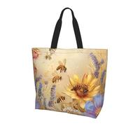 Rural Honey Bees Wildflowers Print Tote Bag, Reusable, Extra Large Capacity Washable Shopping Bag with Inner Pocket for Beach, Shopping, Travel, Gym & Daily Errands
