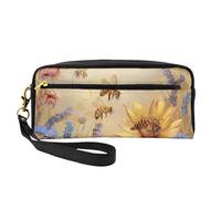 Rural Honey Bees Wildflowers Printed Leather Makeup Bags with Wrist Strap Portable Travel Toiletry Bag Cosmetic Organizer Bag for Women