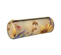 Rural Honey Bees Wildflowers Printed Leather Pencil Case Round Pen Pencil Pouch Office Large Pencil Bag Stationery Box for Men Women Teens Students