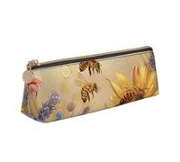 Rural Honey Bees Wildflowers Printed Leather Pencil Case Triangle Pen Pencil Pouch Office Large Pencil Bag Stationery Box for Men Women Teens Students