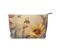 Rural Honey Bees Wildflowers Printed Makeup Bag Corduroy Travel Cosmetic Bags Cosmetic Case Toiletry Bag Organizer for Women Mom Girls