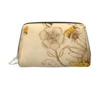 Rural Honey Bees Wildflowers Printed Small Makeup Bag Portable Leather Make up Bag Travel Cosmetic Bags Organizer for Women, Gold Zipper