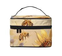 Rural Honey Bees Wildflowers Printed Travel Makeup Bag Spacious Portable Cosmetic Organiser with Handle, Large Capacity Toiletry Bag, Gift for Women Girls