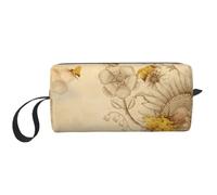 Rural Honey Bees Wildflowers Prints Travel Makeup Bag Makeup Pouch, Portable Simple Zippered Makeup Organizer Case for Women