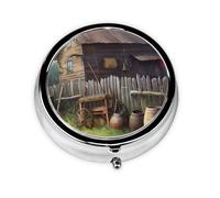 Rural House Printed Round Pill Organizer with 3 Compartments, Portable Mini Pill Box Pill Case for Medicine, Vitamin, Fish Oil, Supplements