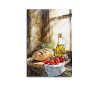 Rural Kitchen Vintage Still Life Hanging Paintings Poster Wall Art Bread Tomatoes Olive Oil Canvas Prints Mother's Day Art For Restaurant Space 24x36inch(60x90cm)