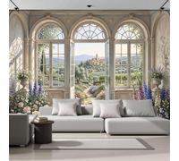 Rural Provence Steppe Non-Woven Wallpaper - Beige Classic Floral Doors And Windows Wall Mural For Bedroom, Living Room Background Decoration, 3D Photo Wall Paper Poster Picture 450X315Cm (Wxh)