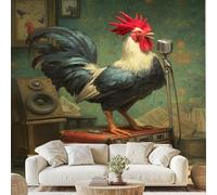 Rural Rooster Microphone Suitcase Self Adhesive Wallpaper Retro Speaker Wall Stickers 350x256 cm Artistic Chicken Photo Wallpaper Non-Woven Murals for Bedroom Living Room Wall Decal vd136u