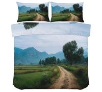 Rural Scenery Duvet Cover - Field Mountain Bedding - Natural Landscape Bed Set King Size 3 Piece - Reversible Soft Microfiber Quilt Cover 2 Pillowcases, Zipper Closure & Corner Ties, 230x220 Ei320