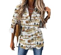 Rural Scenery Print Button Down Shirts for Women, Casual Long Sleeve Button Up Shirt Blouse Tops