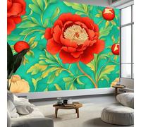 Rural Style Wall Mural 350 x 256 cm Photo Wallpaper, Flowers Peony Leaves Non-Woven Wall Mural Poster Modern Design for Living Room Bedroom Children's Room Corridor Decoration