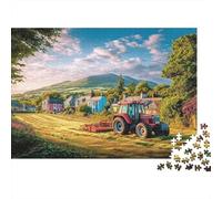 Rural Tractor Scene 1000-piece Cardboard Jigsaw Puzzle Sustainable Eco-Friendly Adult Red Tractor Village Stress Relief Cognitive Development Problem Solving Premium Quality Indoor Play 52x38cm/1000pc