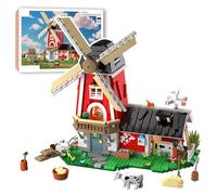 Rural Windmill Farm Building Blocks Set - 14+ DIY Countryside Windmill & Barn Model with Animal Accessories, Creative Construction Toy for Kids/Adults, Unique Home Decor Gift (Vibrant Red Theme)