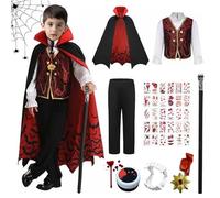RURIZHONGTIAN Vampire Children's Costumes Boys, Vampire Costume Children, Halloween Costume Kids Vampire with Cape Black, Scepter, Vampire Bite, Vampire Medal, Artificial Blood and Blood Tattoo