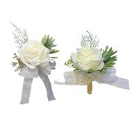 Rurunklee 2 Pack White Flower Wrist Corsage Boutonniere Set, Handmade Artificial Corsage Set, Bride Hand Flower Wristlet Band Bracelet and Men Boutonniere for Wedding Prom Decorations