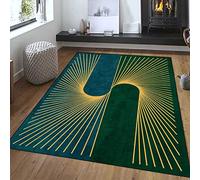 Rururug Area Rug,Dark Green, Bay Blue, Yellow Line Modern Design, Square 100 X 100 cm, Indoor Small Area Rug for Kitchen, Bedroom, Dorm, Living Room
