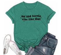 RUSASKO Womens Me and Karma Vibe Like That Funny Print T Shirt Music Lover Tees Tops, Green, L