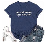 RUSASKO Womens Me and Karma Vibe Like That Funny Print T Shirt Music Lover Tees Tops, Navy, L
