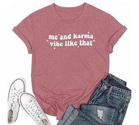 RUSASKO Womens Me and Karma Vibe Like That Funny Print T Shirt Music Lover Tees Tops, Pink, M