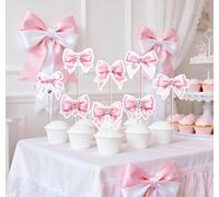 Ruscalin 48Pcs Pink Bowknot Cupcake Toppers Bow Coquette Birthday Theme Party Decoration Picks Bridal Engagement Wedding Princess Cupcake Toppers for Birthday Party (Diamond pink)