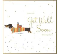 Rush Design Get Well Card - Thinking of You - Sausage Dog with Coffee - Flitter and Embellished Finish - Eco-Friendly and Recyclable