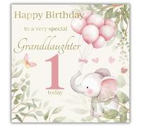 Rush Design Large 1st Birthday Card for Granddaughter - Cute Elephant Design - Handfinished with Diamante Gems - Foil and Flitter Finish - Age 1 Birthday Greeting Card to a Very Special Granddaughter