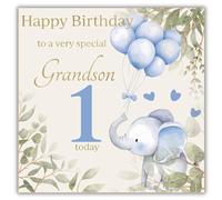 Rush Design Large 1st Birthday Card for Grandson - Cute Elephant & Balloon Design - Handfinished with Diamante Gems - Foil and Flitter Finish - Age 1 Birthday Greeting Card to a Very Special Grandson