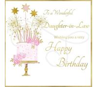 Rush Design Wonderful Daughter-in-Law Birthday Card - Floral Cake and Sparklers with Foil Finish - Eco-Friendly and Recyclable