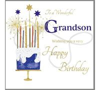 Rush Design Wonderful Grandson Large Birthday Card - Birthday Cake and Sparkler Candles with Foiled Flitter Finish - Eco-Friendly