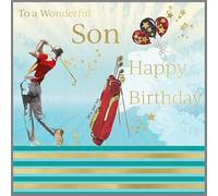 Rush Design Wonderful Son Birthday Card - Golf Player, Balloons and Stars with Foil Finish - Eco-Friendly and Recyclable