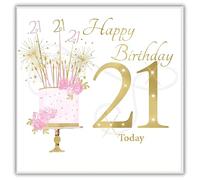 rush designs 21st Birthday Card for Her, Pink Floral Celebration Cake | Hand-finished with Diamante Gems & Foil, Made in the UK
