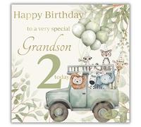 rush designs 2nd Birthday Card for Grandson - Cute Jungle Party 4 x 4 Design - Foil Finish - Age 2 Birthday Greeting Card to a Very Special Grandson