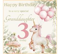 rush designs 3rd Birthday Card for Granddaughter - Cute Unicorn and Frog Design - Foil Finish - Age 3 Birthday Greeting Card to a Very Special Granddaughter