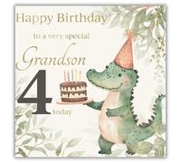 rush designs 4th Birthday Card for Grandson - Cute Crocodile Party Design - Foil Finish - Age 4 Birthday Greeting Card to a Very Special Grandson