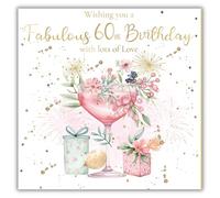 rush designs 60th Birthday Card for Her - Luxury Design with Elegant Champagne Glass & Florals - Foil Finish with Gem Embellishments - Age 60 Happy Birthday Card for Women
