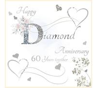 rush designs 60th Milestone Diamond Anniversary Card - 60 Years - Hearts, Butterflies and Flowers with Flitter Details - Eco-Friendly and Recyclable