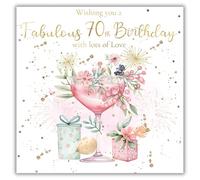 rush designs 70th Birthday Card for Women - Luxury Design with Elegant Champagne Glass & Florals - Foil Finish with Embellishments - Age 70 Happy Birthday Card for Her
