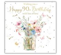 rush designs 90th Birthday Card for Her - Luxury Design with Pretty Floral Jar and Butterflies - Foil Finish with Gem Embellishments - Age 90 Happy Birthday Card for Women