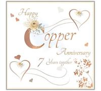 rush designs Copper Anniversary Card - Flowers and Hearts Design - Flitter Finish and 3D Diamante Embellishments - Premium Happy 7th Anniversary Greeting Card with Envelope - 7 Years
